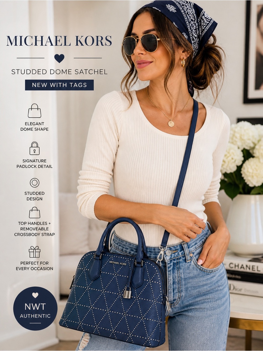 Michael Kors Studded Satchel Navy Blue Leather Crossbody Bag Lock Charm